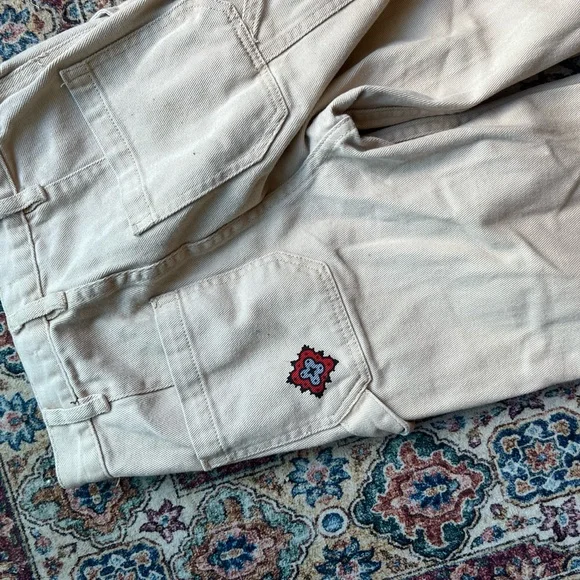 PacSun Wyoming & Western Graphic wide leg cream carpenter denim pants, size 23 - Picture 8 of 8